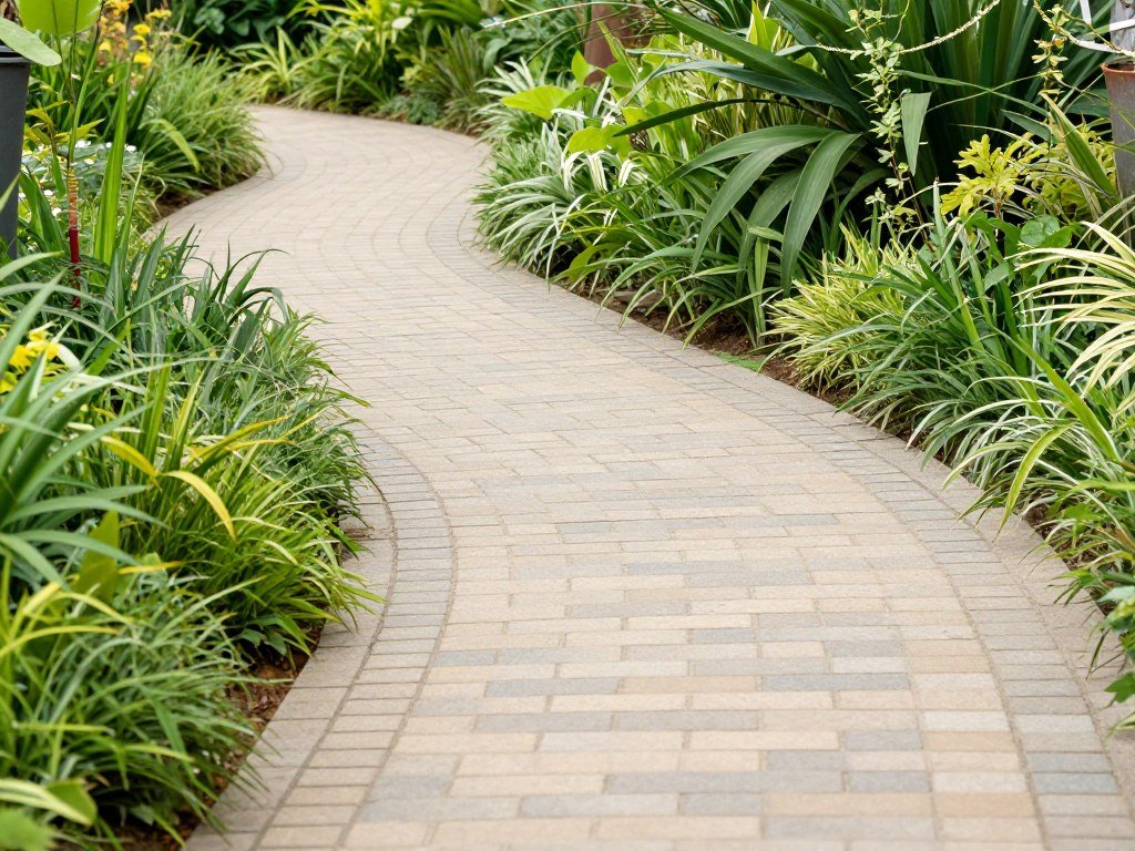 Gently curved garden path navigating through a corner with lush plantings on both sides
