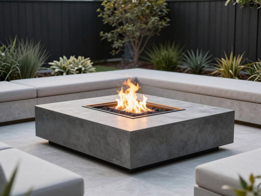 Geometric fire pit creating a focal point in modern backyard landscaping design
