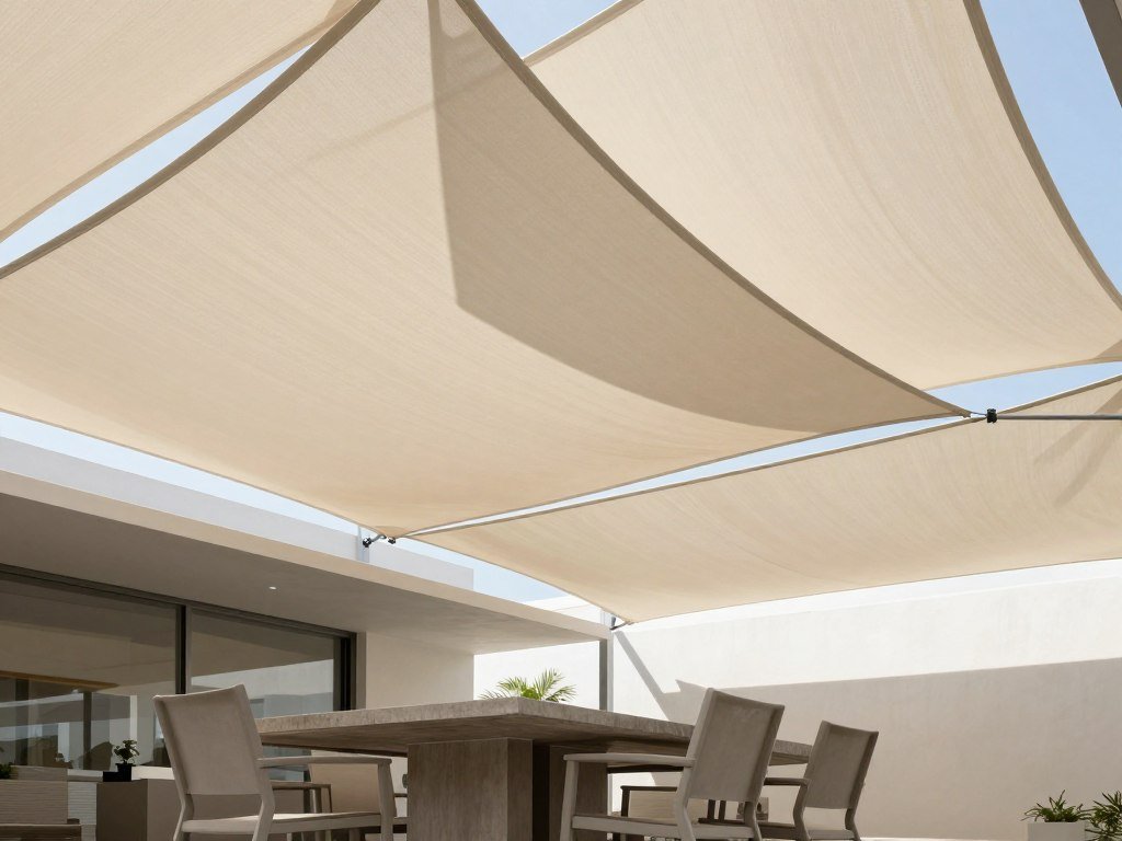 Geometric shade sails covering a contemporary outdoor dining area