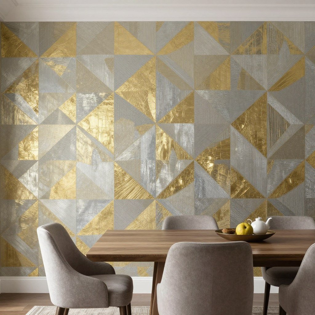 Geometric wallpaper with metallic elements in a dining room glam setting