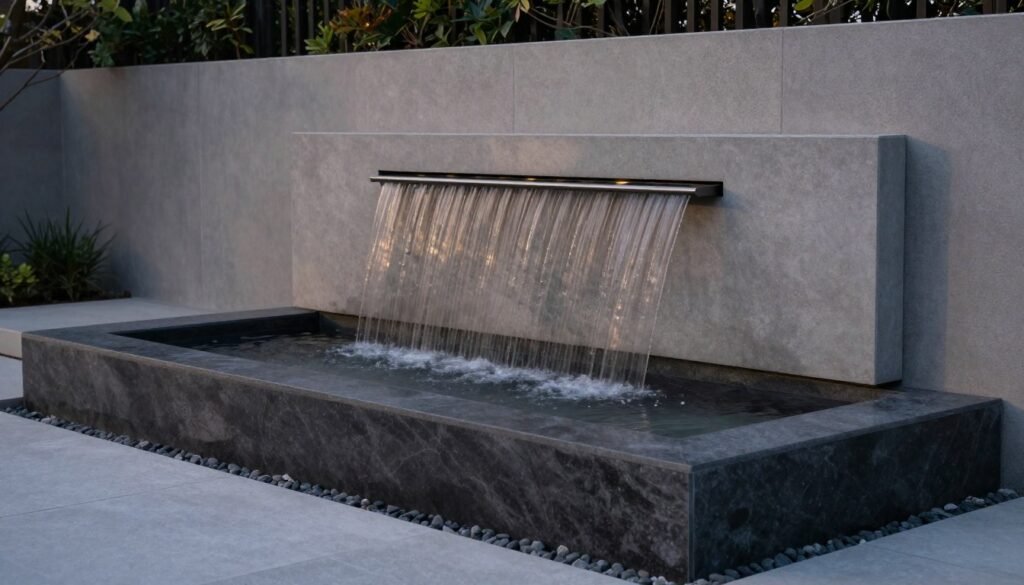 Geometric water feature with clean lines in a modern backyard landscape
