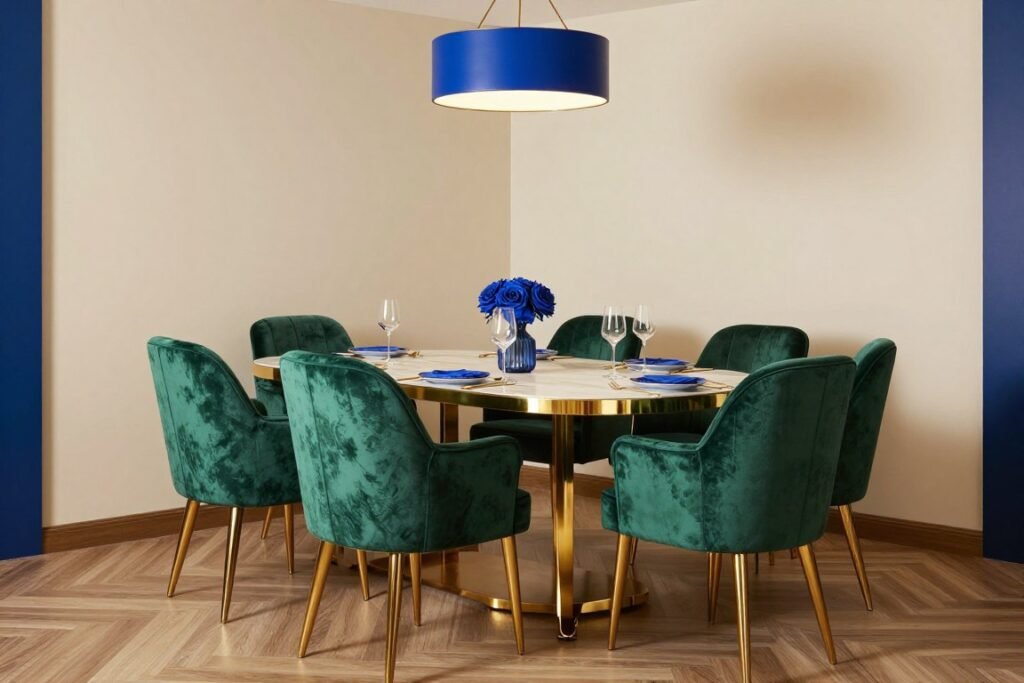 Glam dining room featuring jewel tones of emerald, sapphire, and gold accents