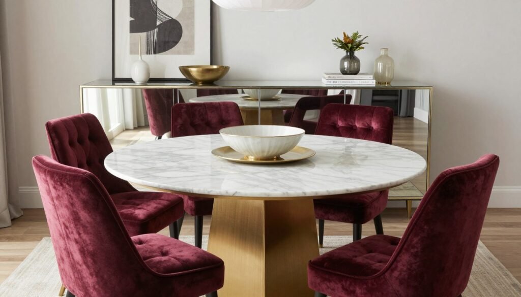 Glam dining room furniture arrangement with table, chairs, and sideboard