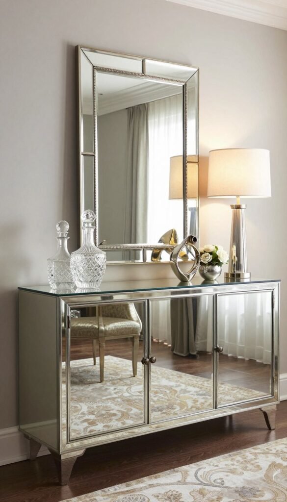 Glam dining room sideboard with mirror, metallic accessories, and crystal decanters