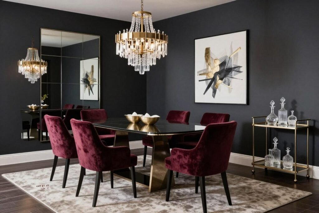 Glam dining room with mirrored accents, metallic details, and dramatic lighting