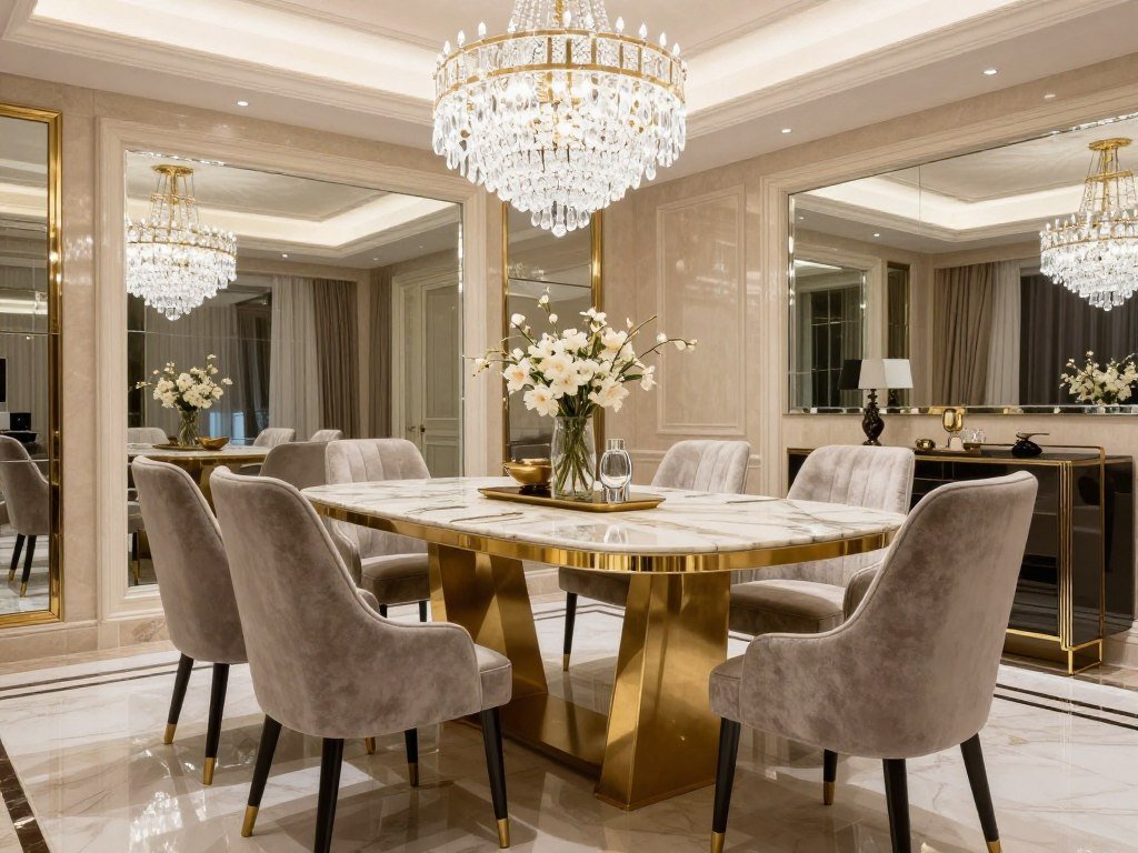 Glam style marble dining table with gold accents