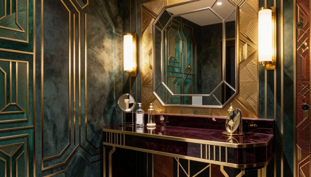 Glamorous Art Deco vanity with geometric patterns, rich colors, and luxurious materials