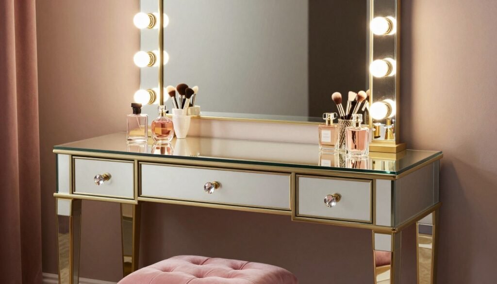 Glamorous Hollywood Regency style vanity table with illuminated mirror and gold accents