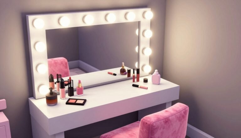 Glamorous Hollywood-style Bloxburg vanity with bright lights and a large mirror