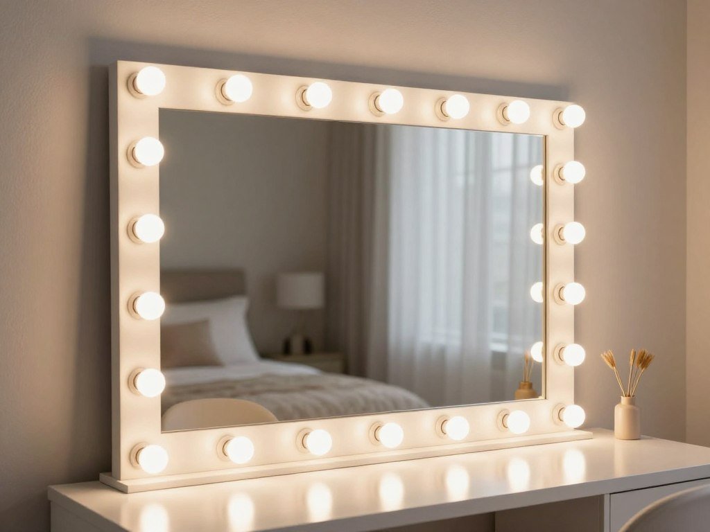 Glamorous Hollywood-style vanity mirror with warm glowing bulbs surrounding a makeup area