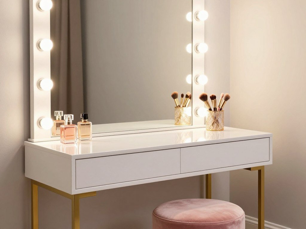 Glamorous Hollywood-style vanity with large mirror surrounded by lights Glamorous Hollywood-style vanity with large mirror surrounded by lights