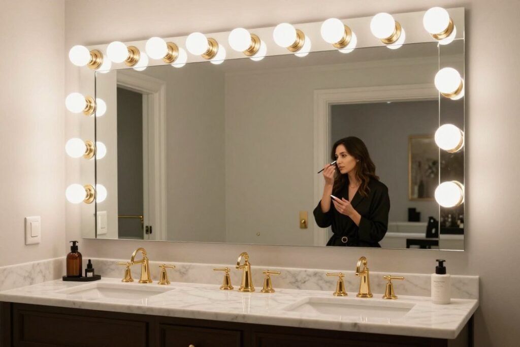 Glamorous bathroom with Hollywood-style vanity lights surrounding a mirror