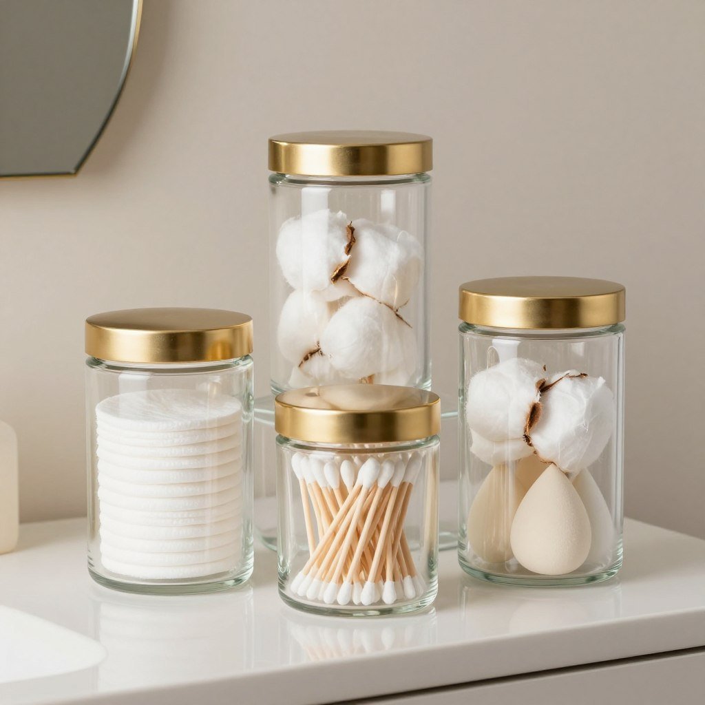 Glass apothecary jars with gold lids containing cotton pads, q-tips, and makeup sponges on a vanity