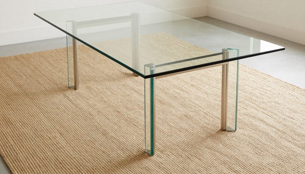 Glass dining table on textured jute rug creating warm contrast