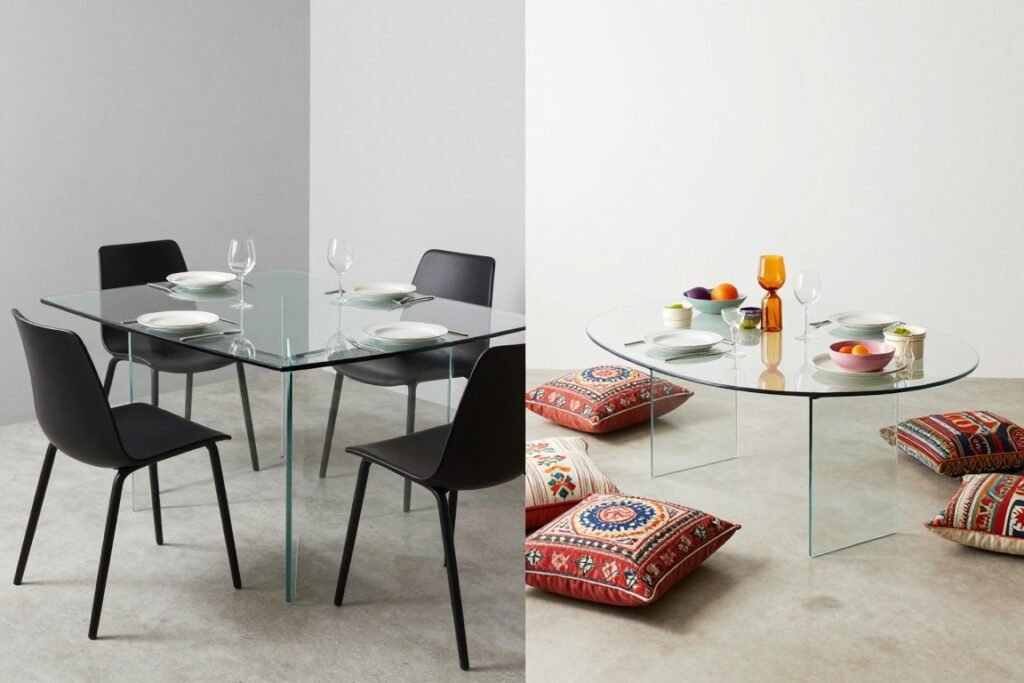 Glass dining table styled in two different ways showing its versatility with various decor styles