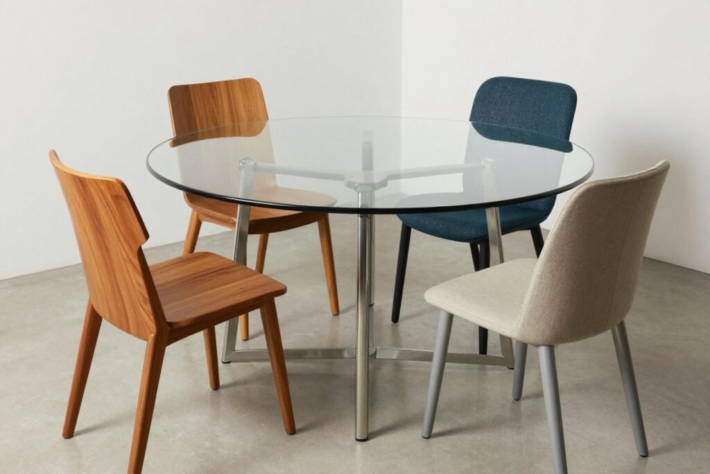 Glass dining table with mixed chair styles creating eclectic look