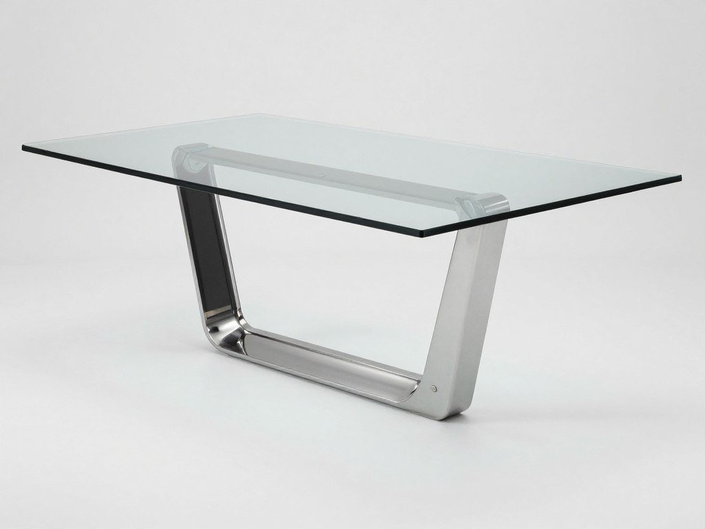 Glass dining table with sleek metal base in chrome finish