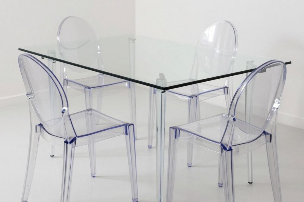 Glass dining table with transparent acrylic chairs creating cohesive look
