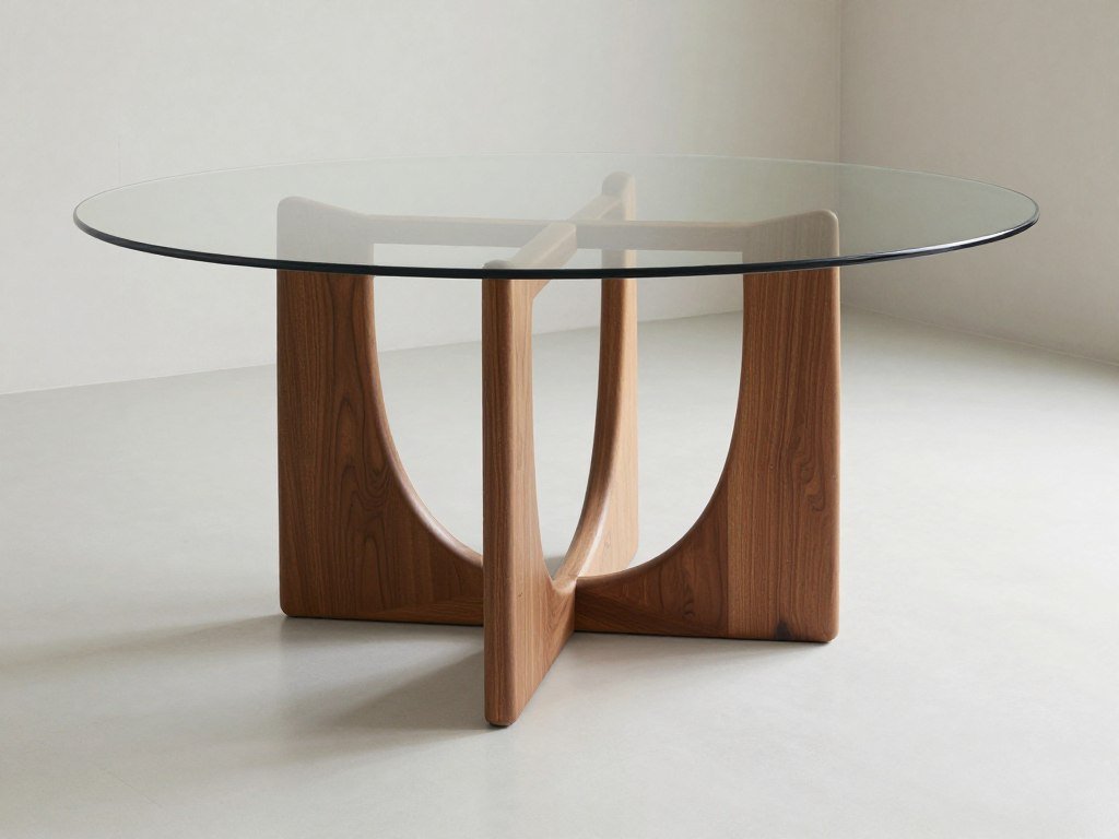 Glass dining table with warm wooden base creating organic contrast