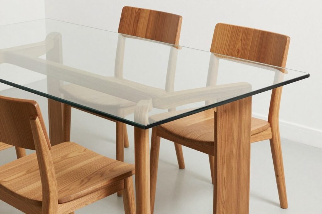 Glass dining table with wooden chairs creating warm contrast