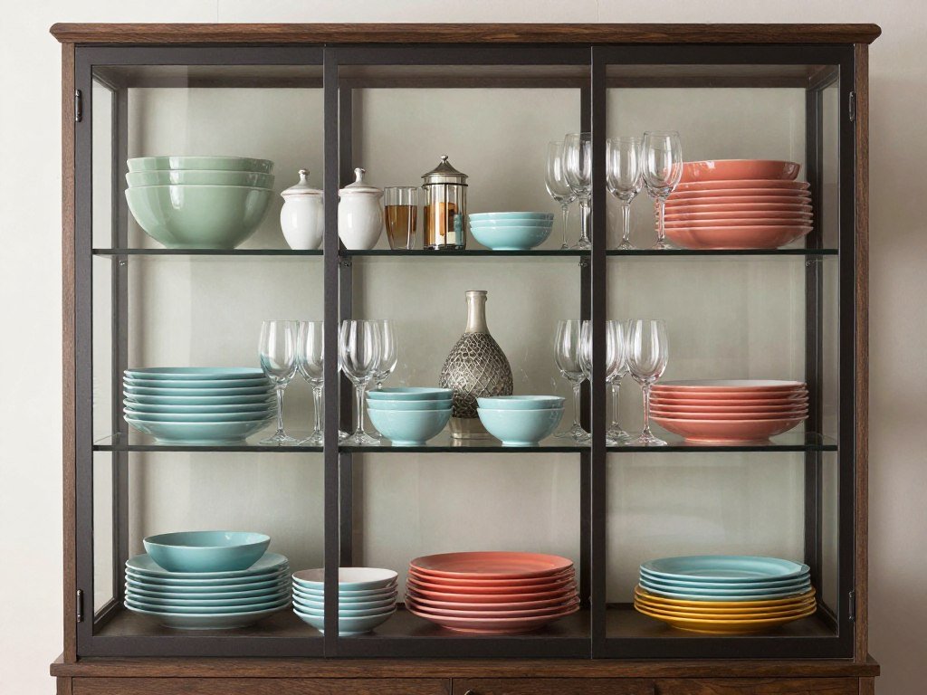 Glass-front dining room cabinet with beautifully arranged dinnerware display Glass-front dining room cabinet with beautifully arranged dinnerware display