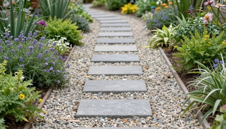 Gravel pathway with stepping stones and budget-friendly plants creating a cheap landscaping idea