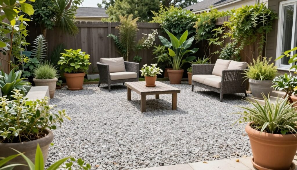 Gravel patio area with outdoor furniture and potted plants