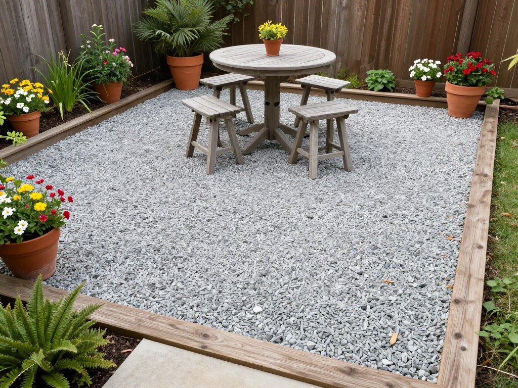 Gravel patio with defined edges surrounded by plants on a budget Gravel patio with defined edges surrounded by plants on a budget
