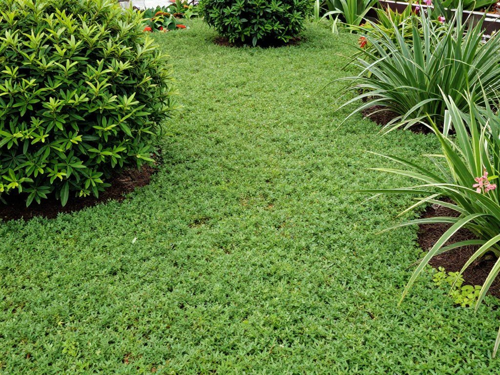 Ground cover plants filling in garden bed spaces between larger plants