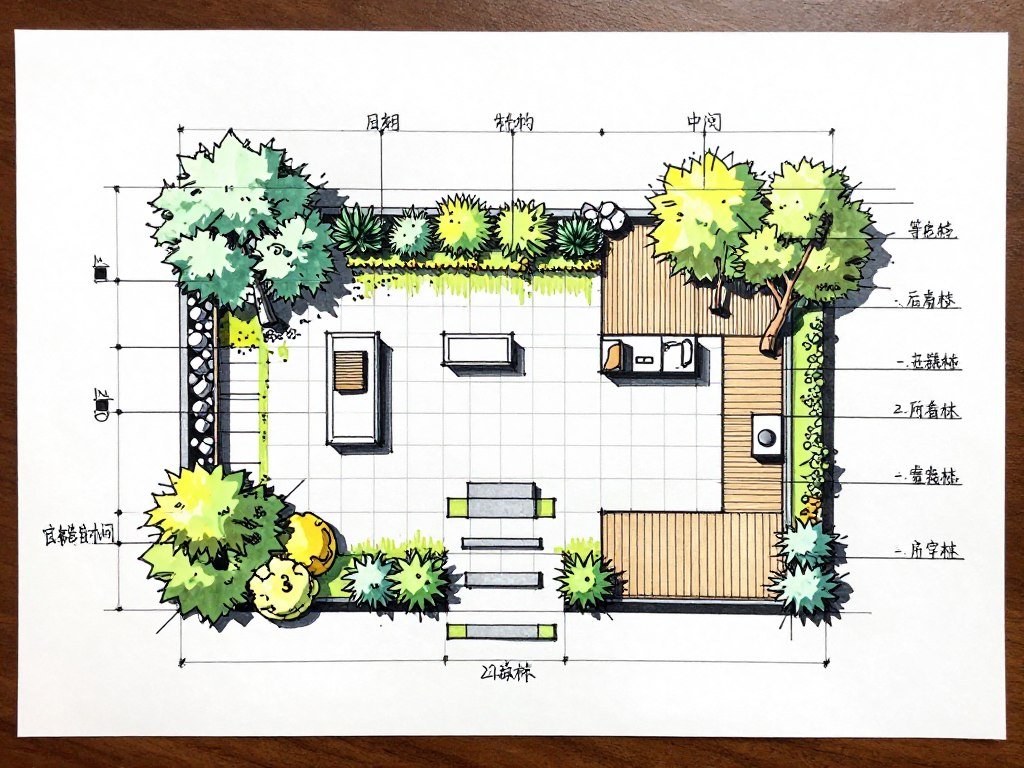 Hand-drawn sketch of backyard landscaping designs layout on graph paper