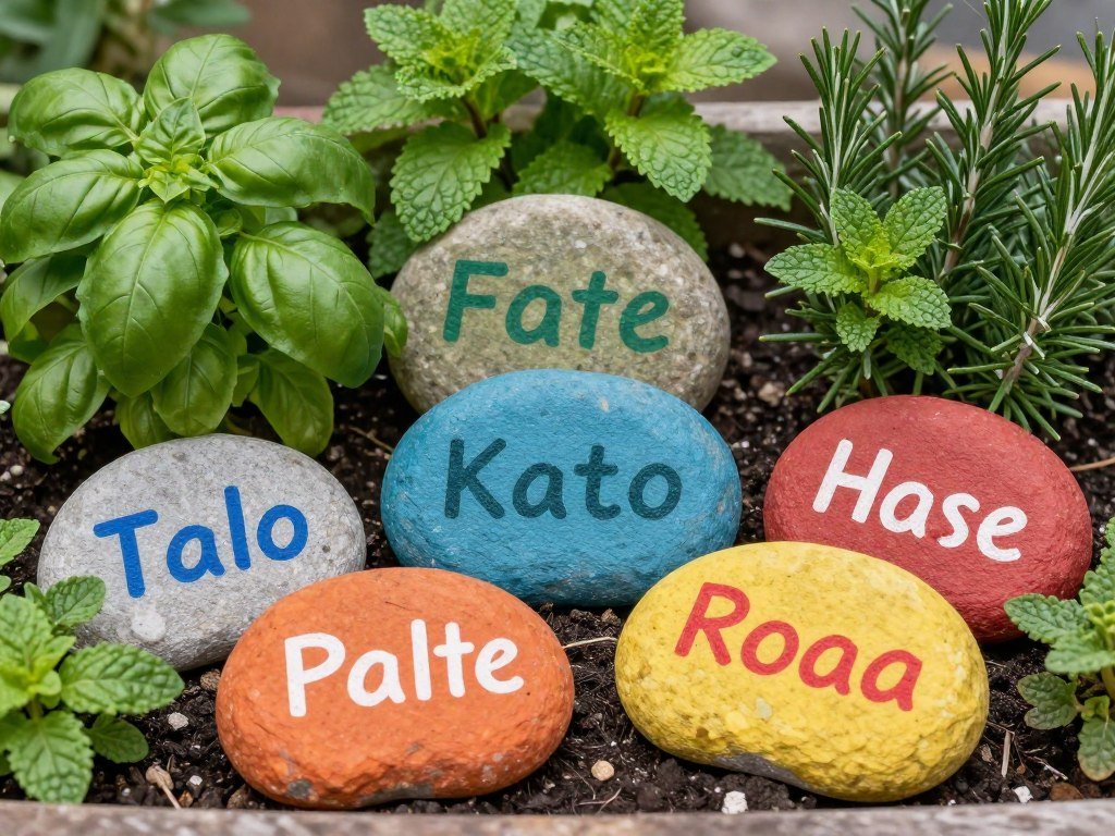 Hand-painted stone garden markers with plant names in a herb garden Hand-painted stone garden markers with plant names in a herb garden