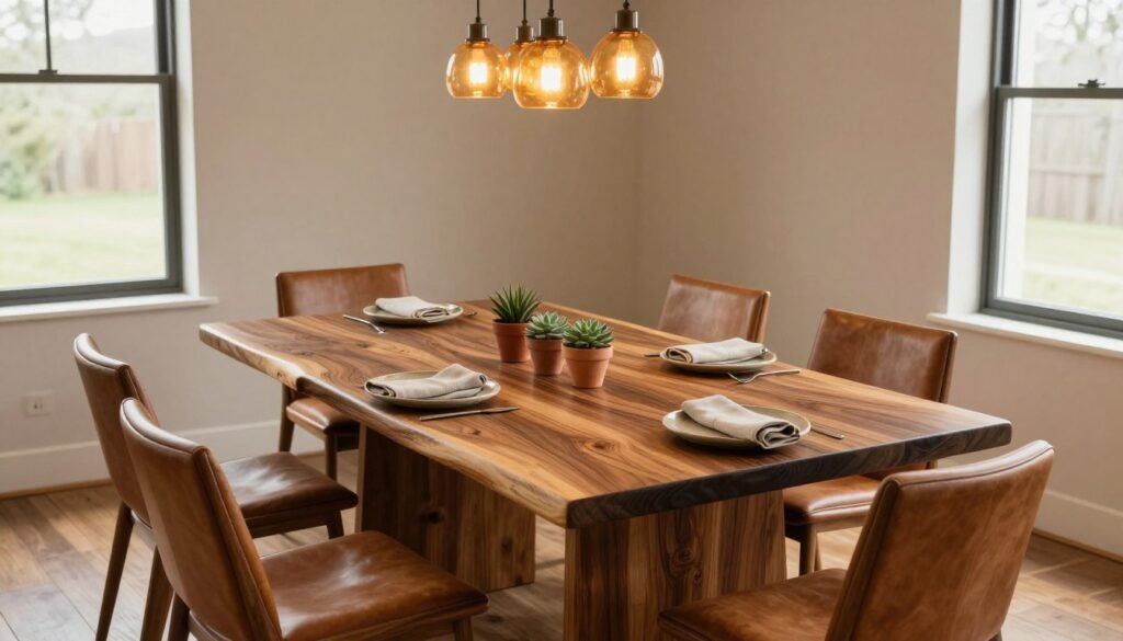 Handcrafted solid walnut dining table with visible wood grain and natural edge, surrounded by leather chairs in a warm, earthy dining space with pendant lighting Handcrafted solid walnut dining table with visible wood grain and natural edge, surrounded by leather chairs in a warm, earthy dining space with pendant lighting