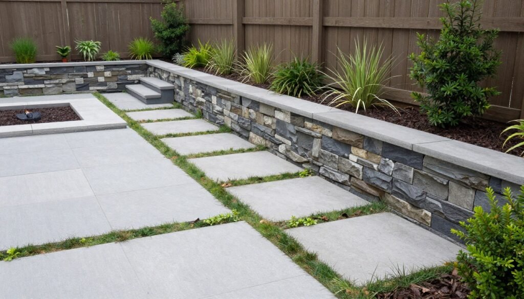 Hardscape elements in backyard landscaping designs layout including patio and walkways