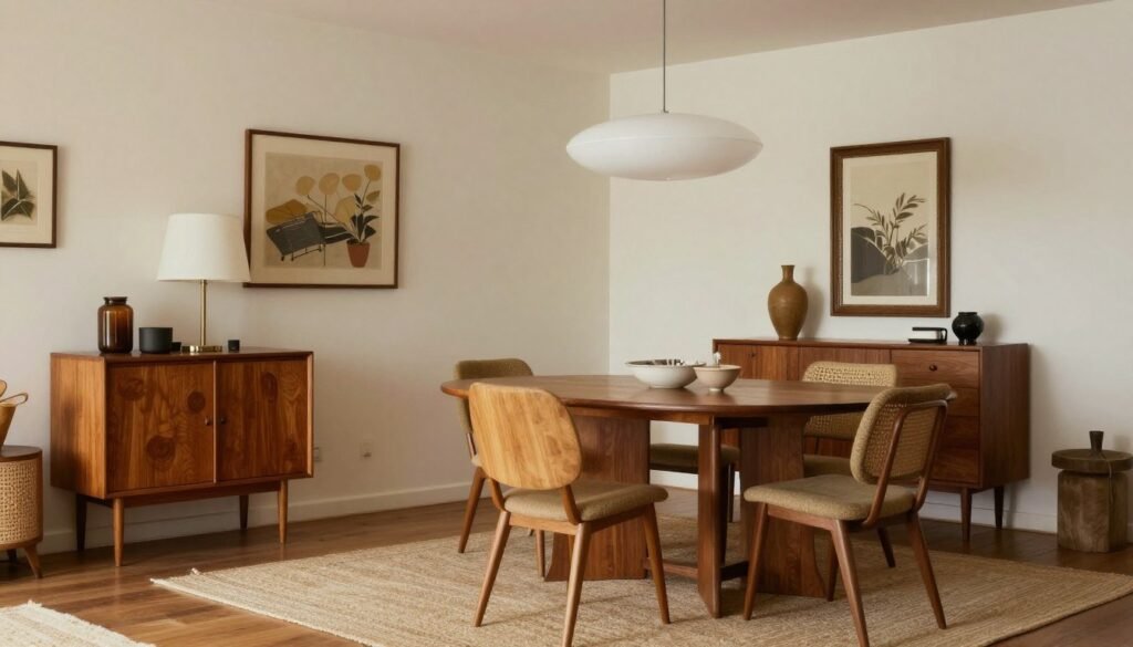 Harmonious mid century modern dining room blending vintage and new pieces