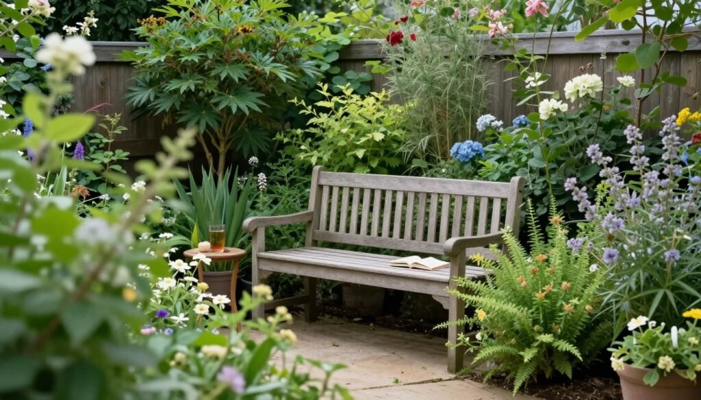 Hidden garden seating area with comfortable bench surrounded by flowering plants