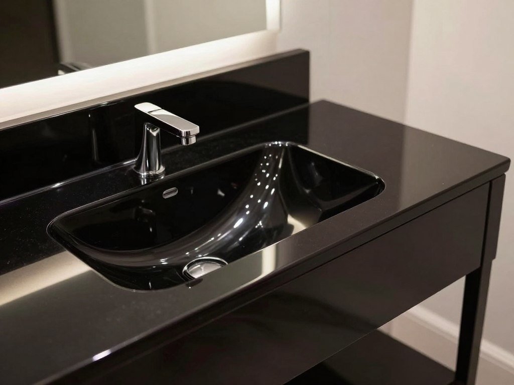 High-gloss black bathroom vanity with reflective, mirror-like surface