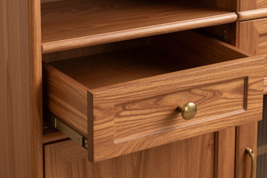 High-quality dining room cabinet showing craftsmanship details like dovetail joints and solid wood construction High-quality dining room cabinet showing craftsmanship details like dovetail joints and solid wood construction