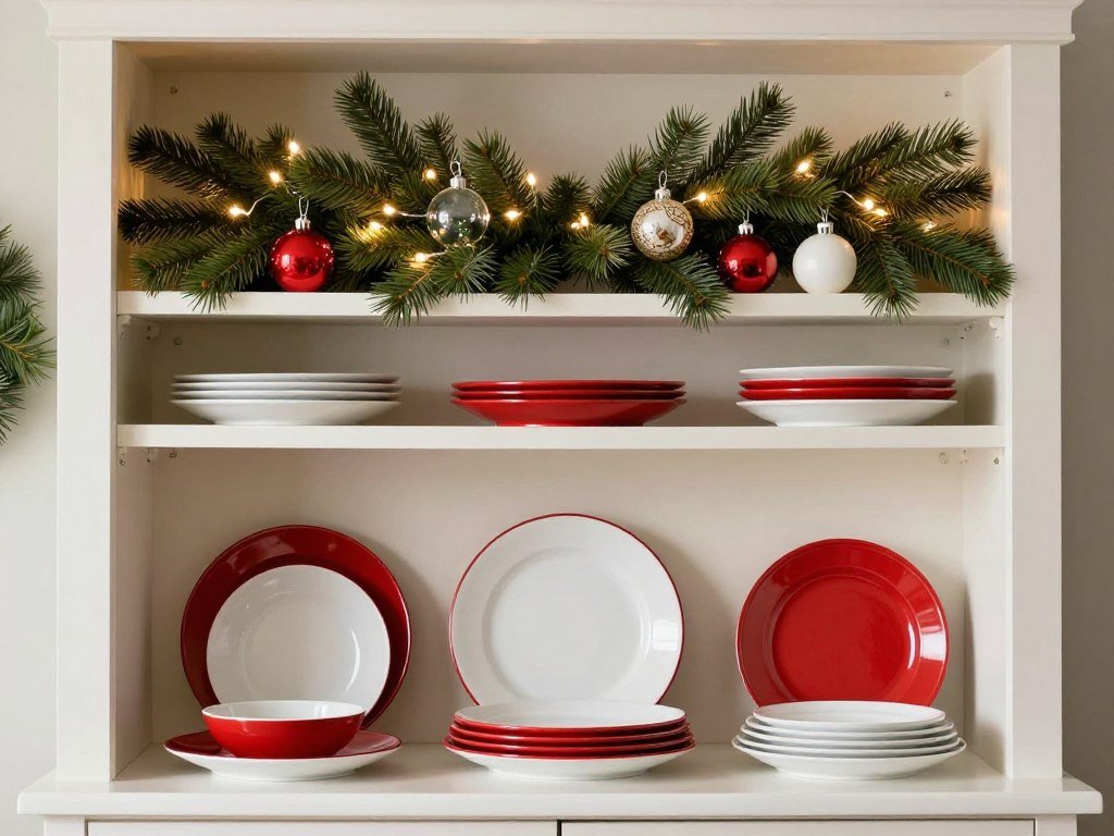 Holiday-themed built-in hutch dining room styling
