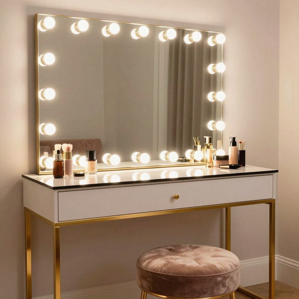 Hollywood glam makeup vanity with lights and mirrored surface