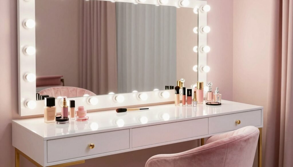 Hollywood glam vanity room with lighted mirror and luxurious details Hollywood glam vanity room with lighted mirror and luxurious details