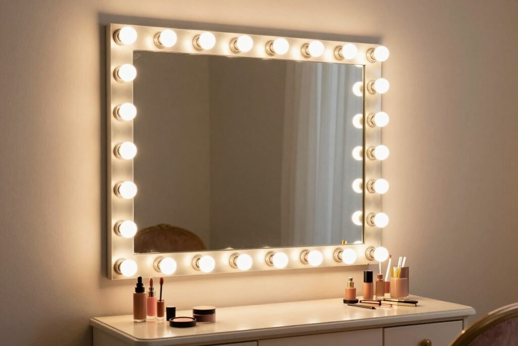Hollywood-style illuminated vanity mirror with light bulbs surrounding the frame showing vintage vanity aesthetic
