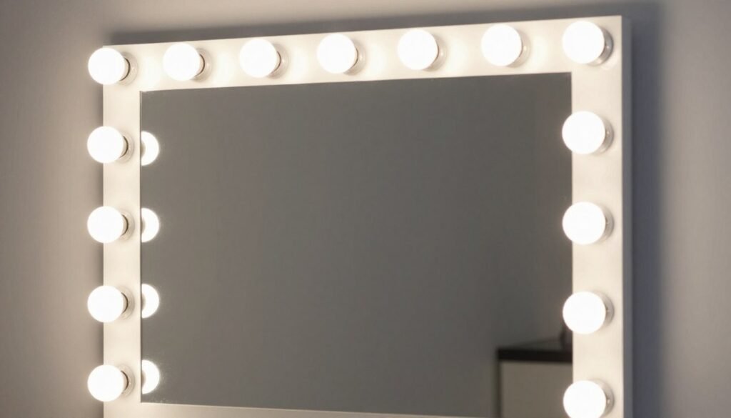 Hollywood-style vanity mirror with surrounding light bulbs creating glamorous lighting