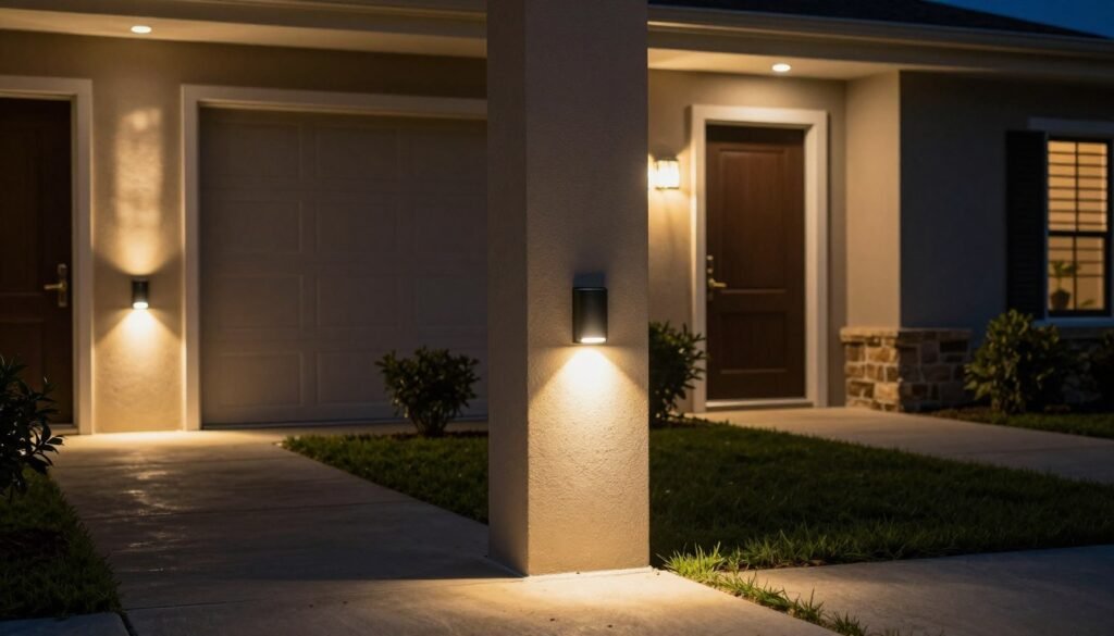 Home exterior with motion sensor security lights mounted near entry points