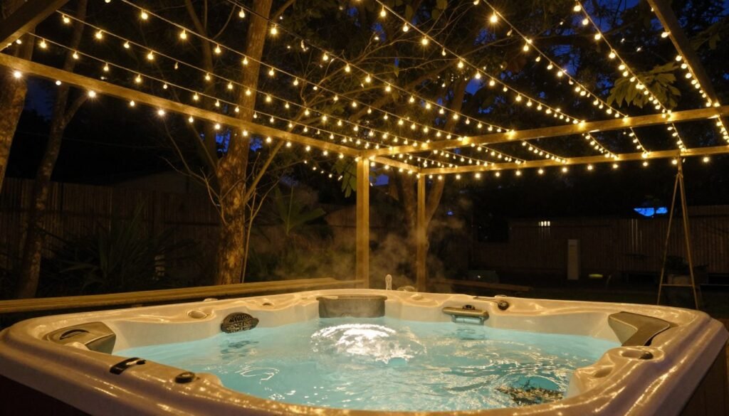 Hot tub area illuminated with string lights hanging overhead in a canopy pattern