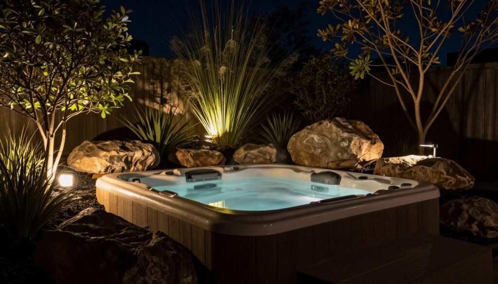 Hot tub area with landscape lighting highlighting surrounding plants, rocks, and water features
