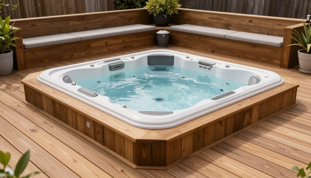 Hot tub integrated into wooden deck with surrounding seating and planters