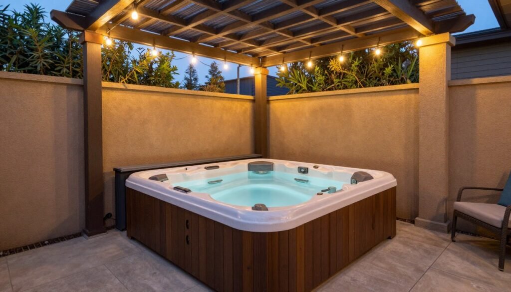 Hot tub positioned in a patio corner with privacy walls and overhead pergola