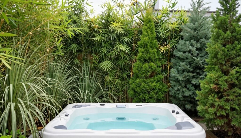 Hot tub surrounded by tall privacy plants including bamboo, ornamental grasses, and evergreen shrubs