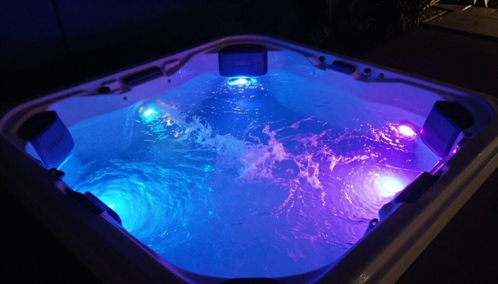 Hot tub with colorful underwater LED lights creating a glowing effect in the water