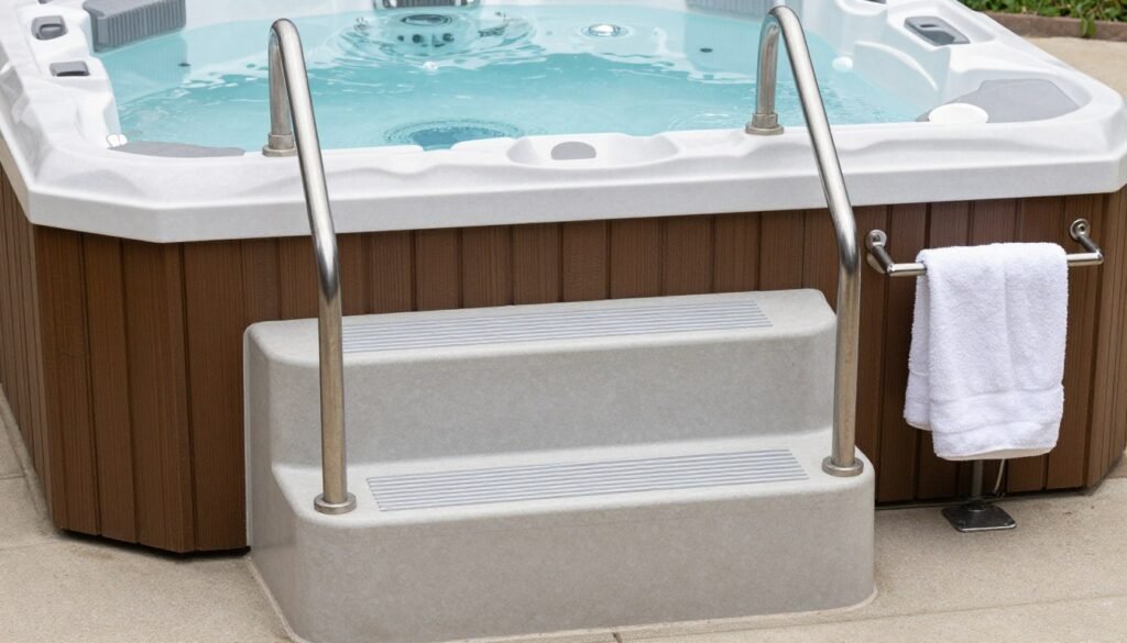 Hot tub with convenient entry steps, handrails, and nearby towel storage